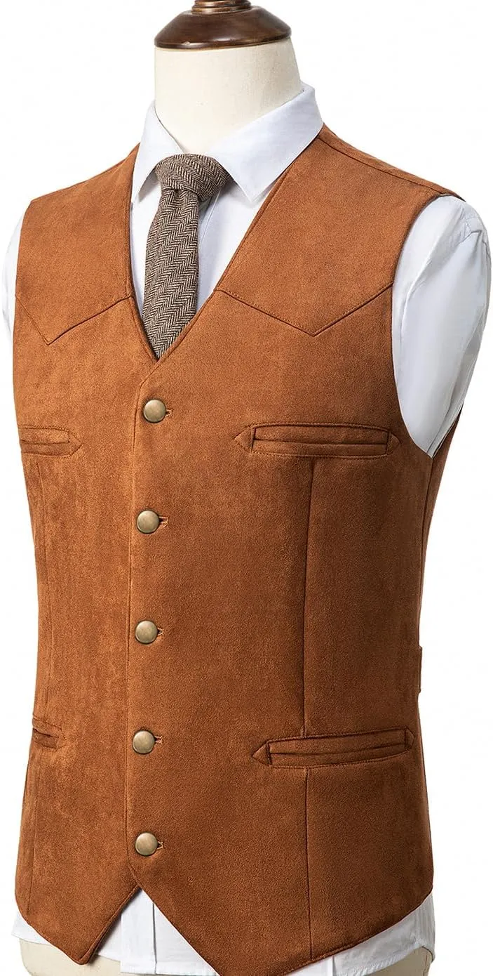 Men's Cowboy Suede Faux Leather Suit Vest Casual Western Cowhide Vest Vintage Slim Fit Waistcoat