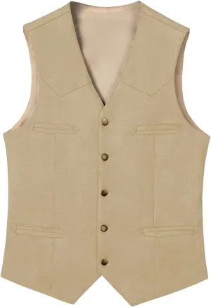 Men's Cowboy Suede Faux Leather Suit Vest Casual Western Cowhide Vest Vintage Slim Fit Waistcoat