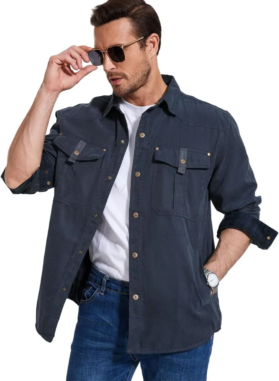 Men's flannel lined shirt jacket Lightweight snap western denim shirt jacket Short coat Vintage snap western jacket