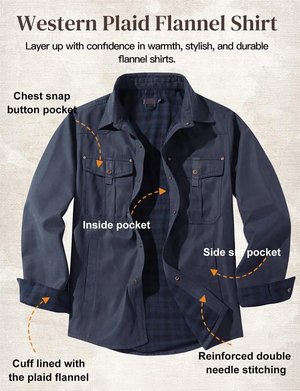 Men's flannel lined shirt jacket Lightweight snap western denim shirt jacket Short coat Vintage snap western jacket