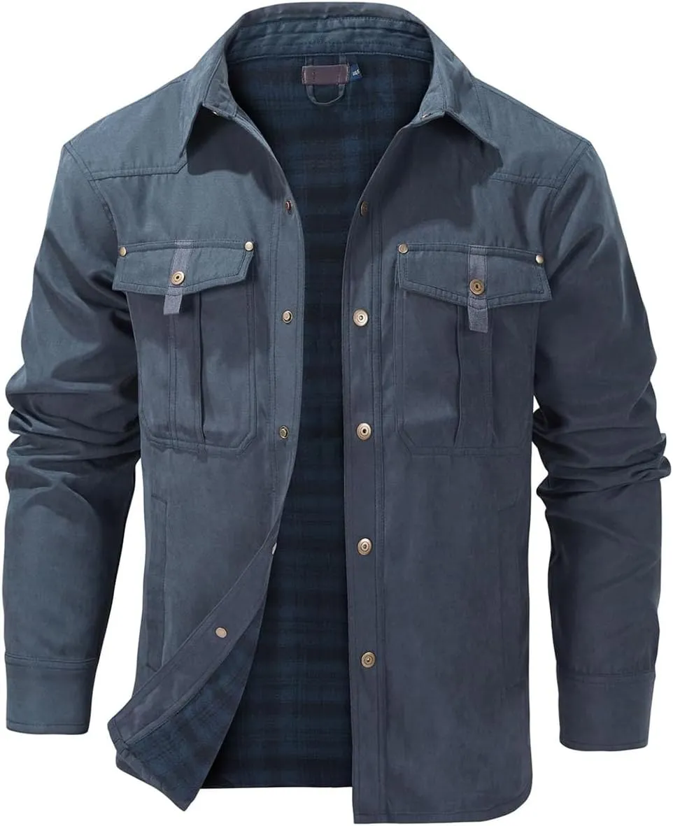 Men's flannel lined shirt jacket Lightweight snap western denim shirt jacket Short coat Vintage snap western jacket