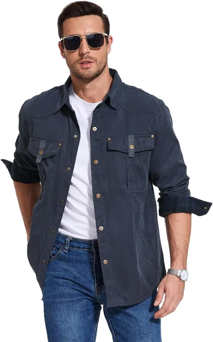 Men's flannel lined shirt jacket Lightweight snap western denim shirt jacket Short coat Vintage snap western jacket