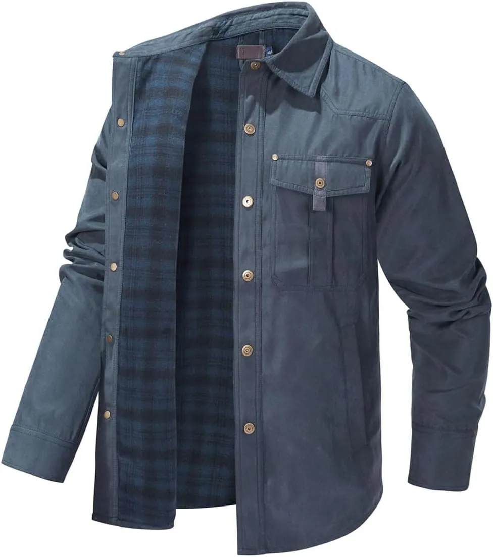 Men's flannel lined shirt jacket Lightweight snap western denim shirt jacket Short coat Vintage snap western jacket
