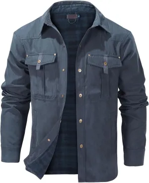 Men's flannel lined shirt jacket Lightweight snap western denim shirt jacket Short coat Vintage snap western jacket