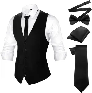 Men's Formal Vest Set Business Classic Waistcoat with Necktie Bow Tie and Pocket Square for Tuxedo Wedding Dress