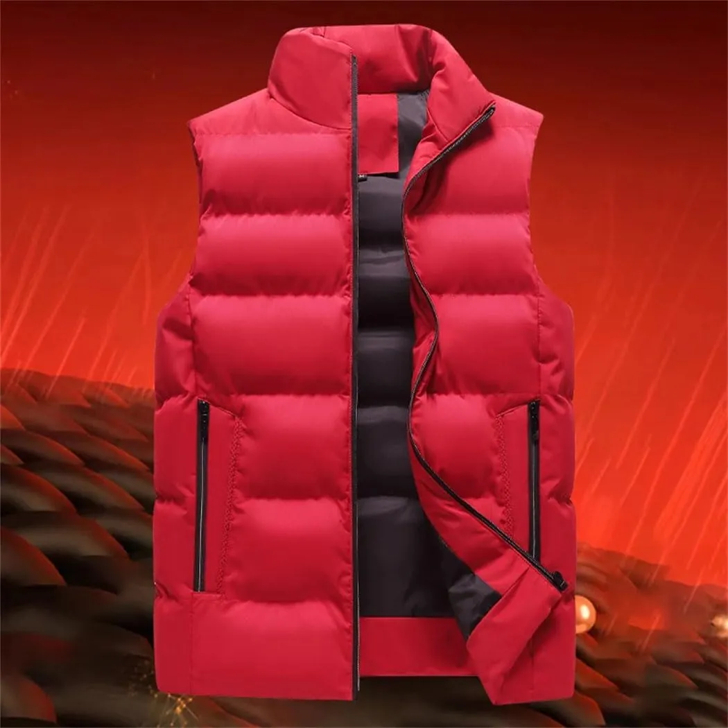 Men's Large Size Puffer Vest Winter Thick Warm Vests Sleeveless Stand Collar Cotton-Padded Waistcoats