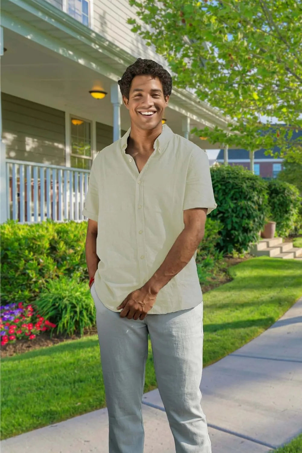 Mens Linen Blend Short Sleeve Casual Shirt for Vacation, Holiday, Casual Party, Lightweight Button Down Shirt