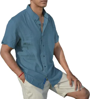 Mens Linen Blend Short Sleeve Casual Shirt for Vacation, Holiday, Casual Party, Lightweight Button Down Shirt