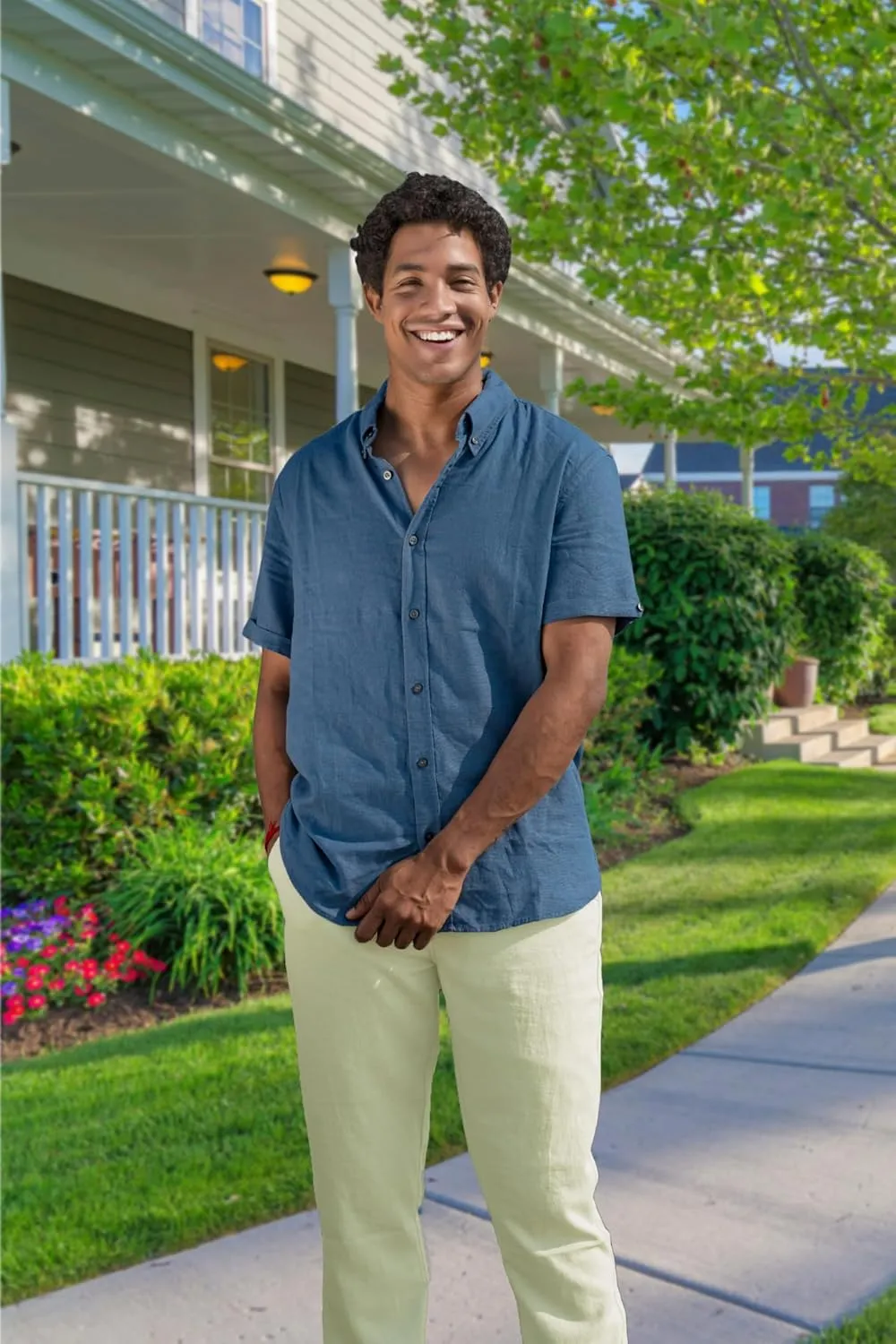 Mens Linen Blend Short Sleeve Casual Shirt for Vacation, Holiday, Casual Party, Lightweight Button Down Shirt