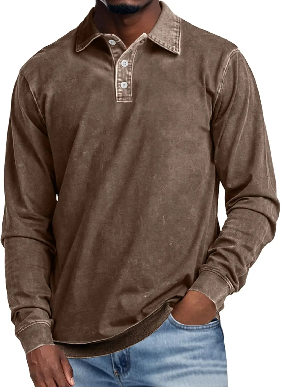 Men's Long Sleeve Polo Shirts Distressed Washed Cotton T-Shirt Lightweight Casual Button Collared Shirt Top