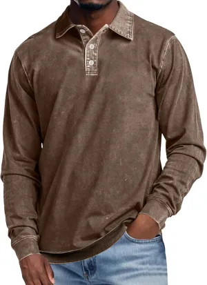 Men's Long Sleeve Polo Shirts Distressed Washed Cotton T-Shirt Lightweight Casual Button Collared Shirt Top
