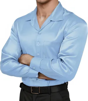 Mens Luxury Satin Silk Dress Shirts Wrinkle Free Casual Button Down Long Sleeve Shirt Prom Wedding Shirt
