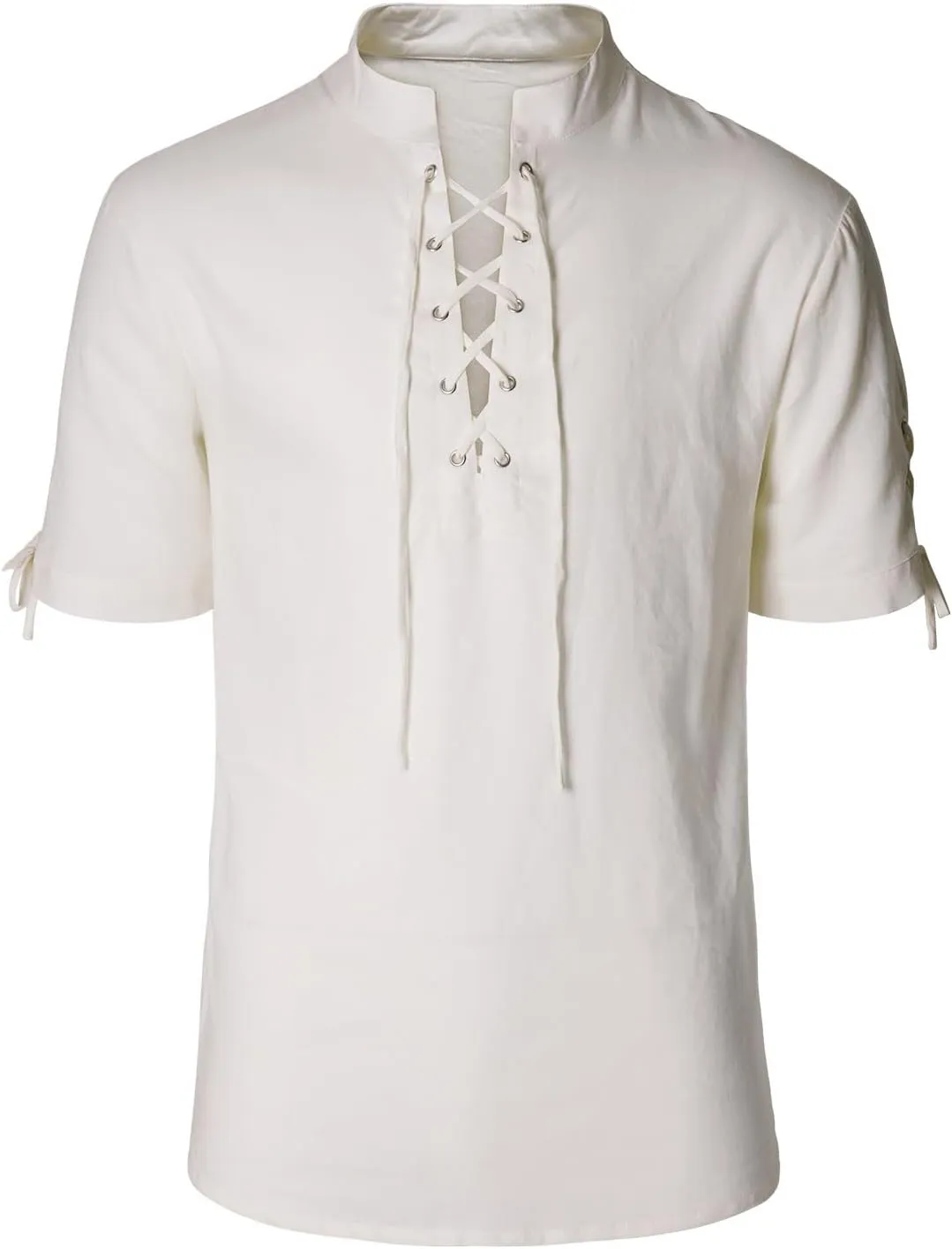 Men's Pirate Shirt Renaissance Medieval Viking Shirt Linen Short Sleeve Lace Up Top Halloween Costume