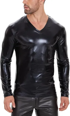 Men's Sexy Leather T-Shirt,Shiny Black Long Sleeve Shirt Wetlook Tops Latex Coat,V-Neck
