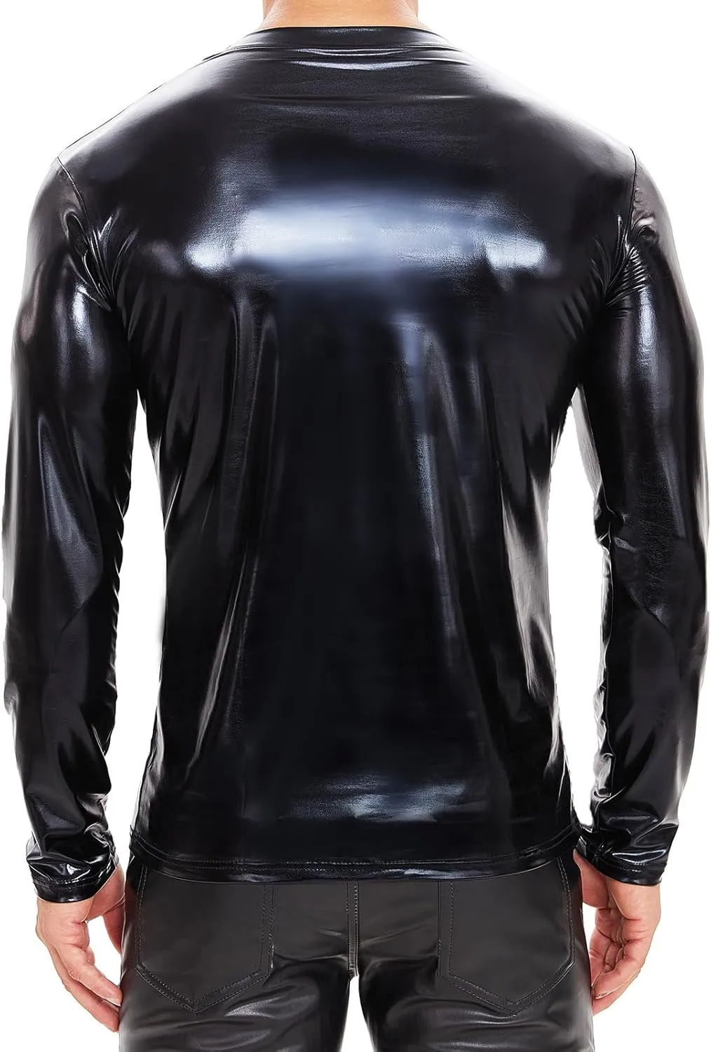 Men's Sexy Leather T-Shirt,Shiny Black Long Sleeve Shirt Wetlook Tops Latex Coat,V-Neck