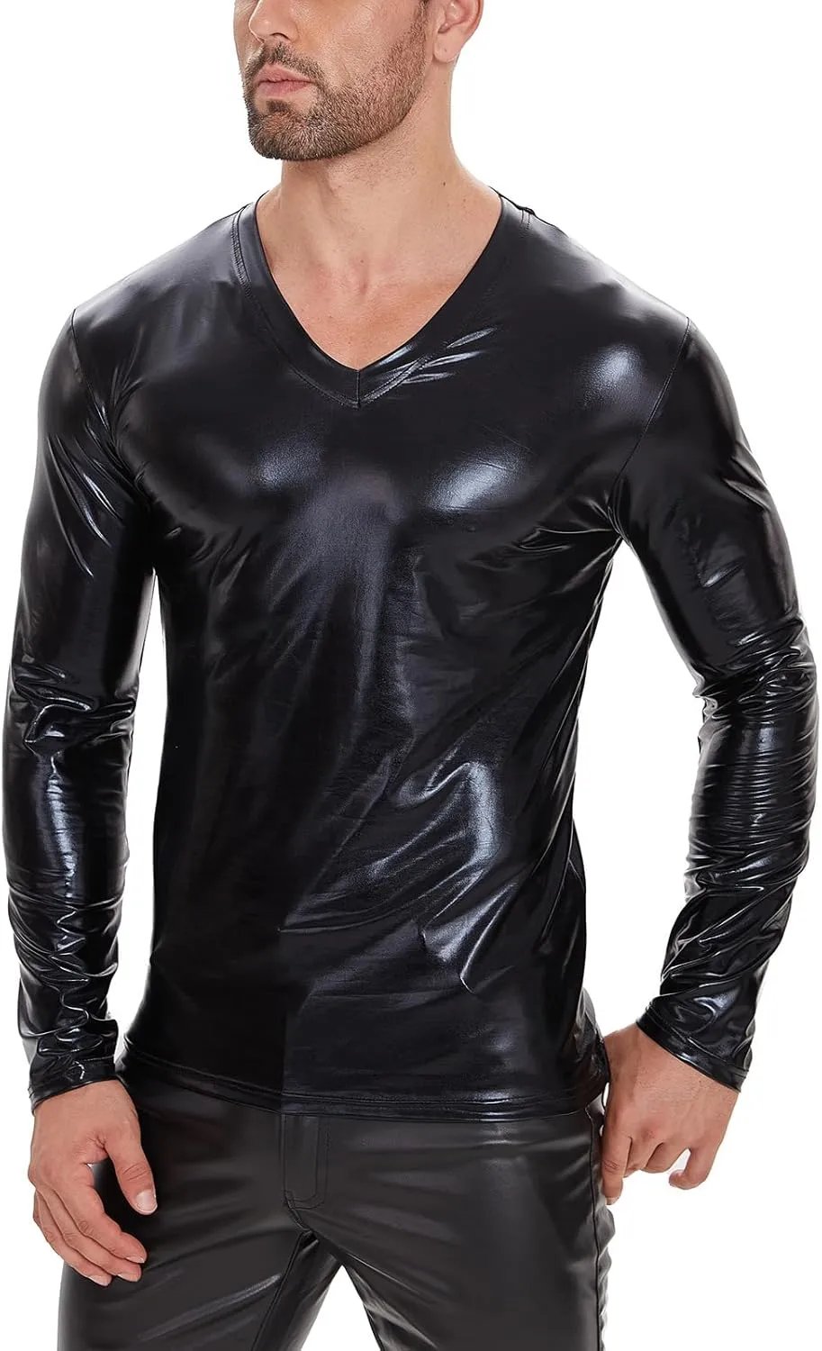 Men's Sexy Leather T-Shirt,Shiny Black Long Sleeve Shirt Wetlook Tops Latex Coat,V-Neck