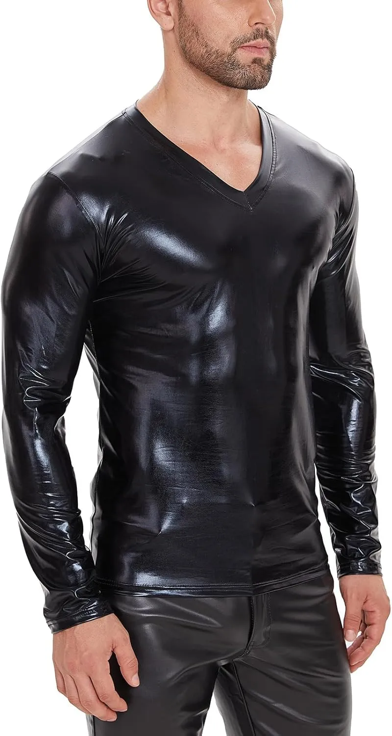 Men's Sexy Leather T-Shirt,Shiny Black Long Sleeve Shirt Wetlook Tops Latex Coat,V-Neck