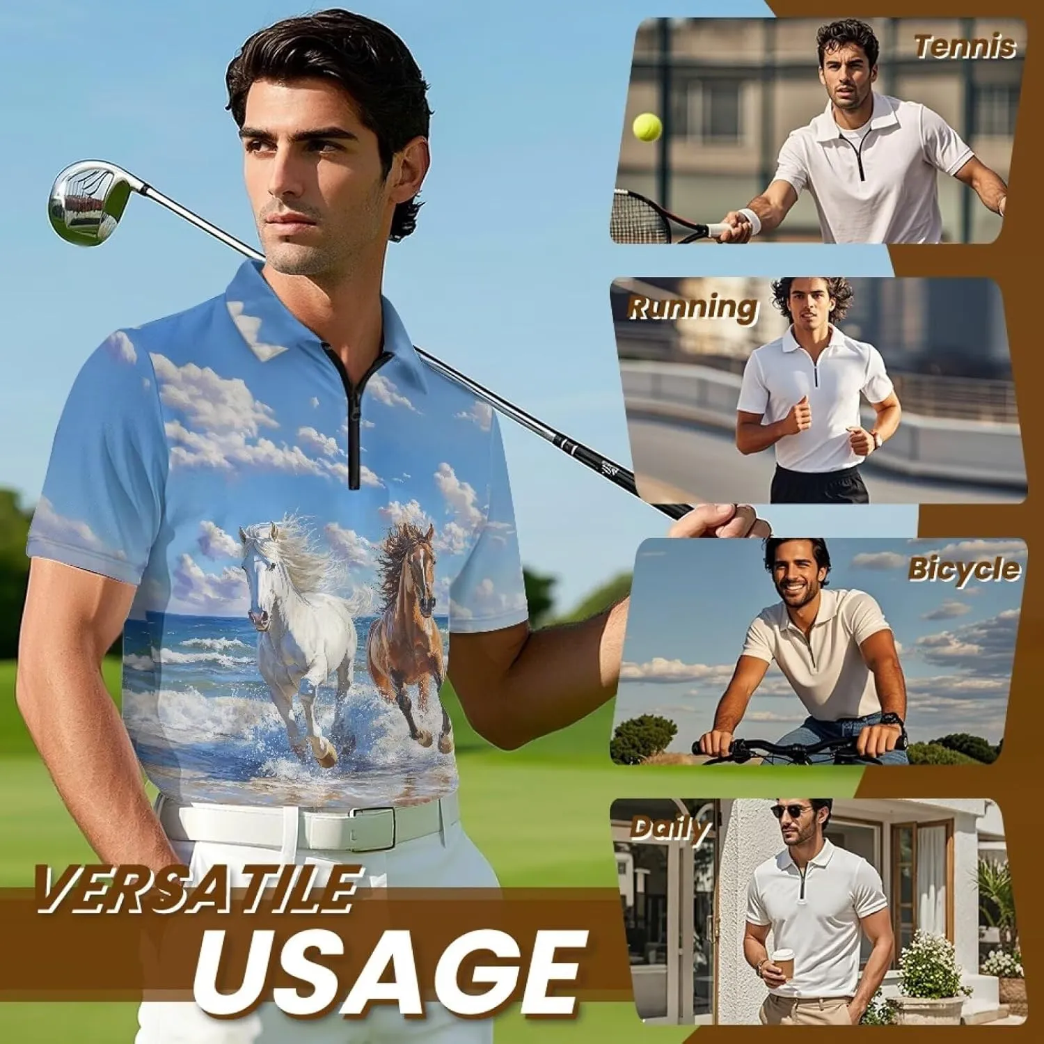 Men's Short Sleeve Shirt Zipper Collar Golf Shirt Summer Quick Dry Athletic Tops Slim Fit Sports Tennis Shirts