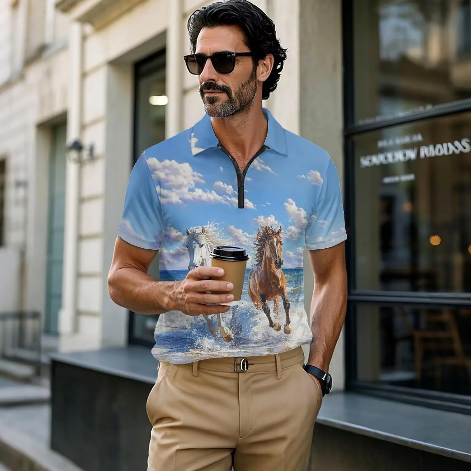 Men's Short Sleeve Shirt Zipper Collar Golf Shirt Summer Quick Dry Athletic Tops Slim Fit Sports Tennis Shirts