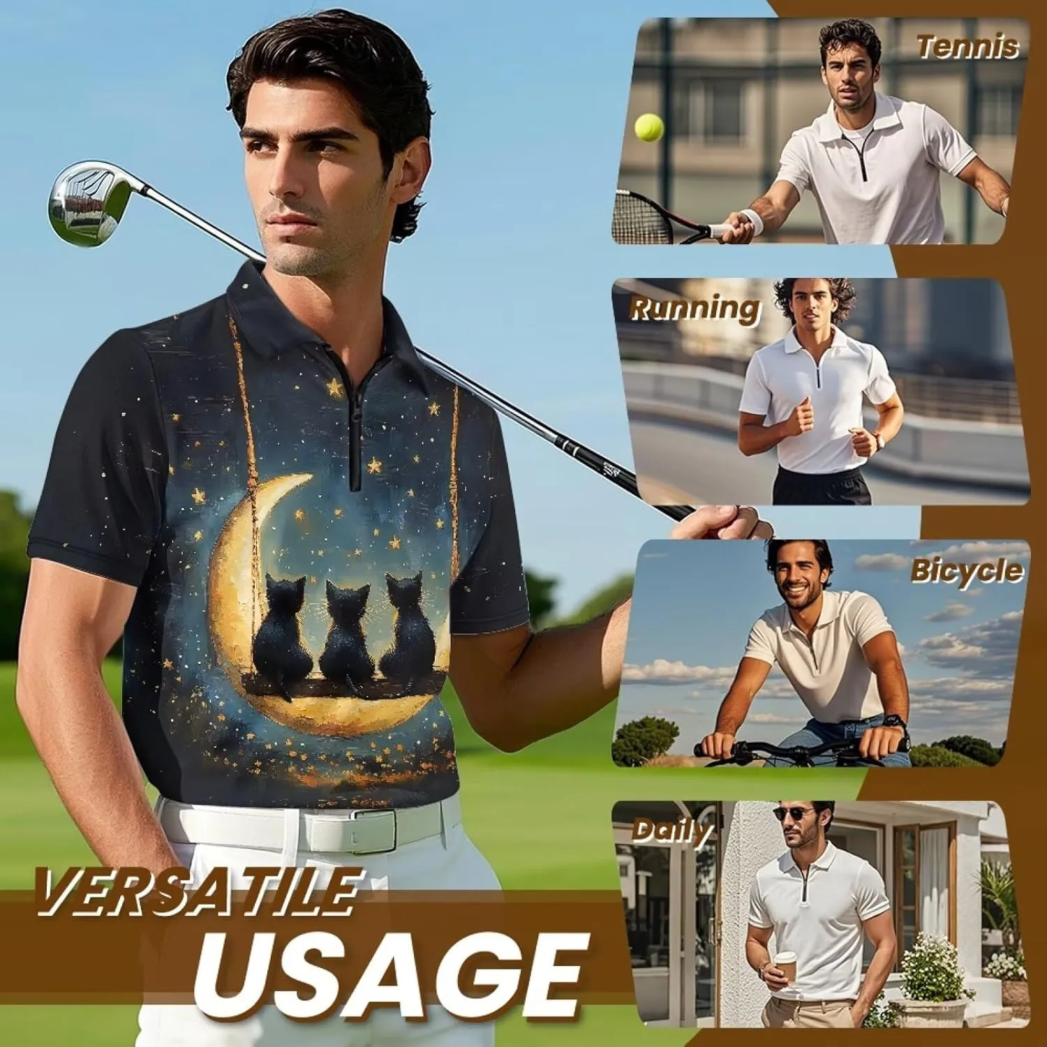 Men's Short Sleeve Shirt Zipper Collar Golf Shirt Summer Quick Dry Athletic Tops Slim Fit Sports Tennis Shirts