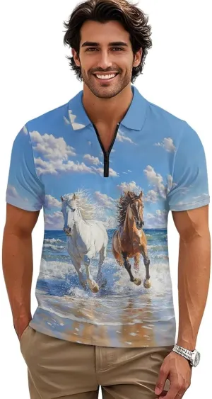 Men's Short Sleeve Shirt Zipper Collar Golf Shirt Summer Quick Dry Athletic Tops Slim Fit Sports Tennis Shirts