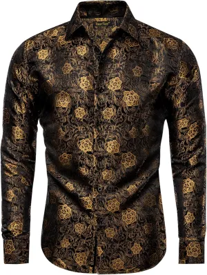 Mens Silk Paisley Dress Shirt Casual Button Down Shirt Long Sleeve Western Floral Shirts Wedding Party Holiday