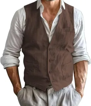 Men's Summer Linen Suit Vest Slim Fit Vintage Dress Vest Beach Wedding Casual Waistcoat for Party Groomsmen
