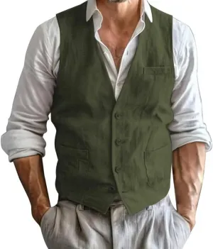 Men's Summer Linen Suit Vest Slim Fit Vintage Dress Vest Beach Wedding Casual Waistcoat for Party Groomsmen
