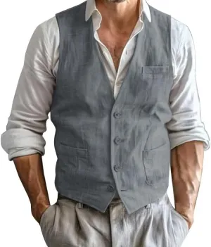 Men's Summer Linen Suit Vest Slim Fit Vintage Dress Vest Beach Wedding Casual Waistcoat for Party Groomsmen