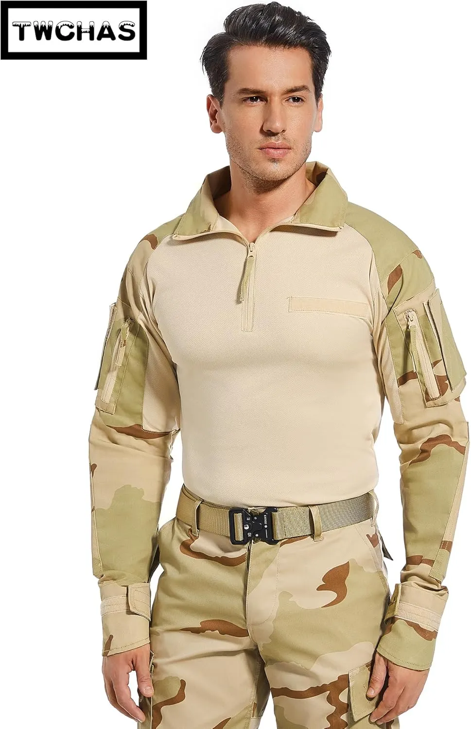 Mens Tactical Military Shirt 1/4 Zip Long Sleeve Slim Fit Military Combat Shirt with Pockets