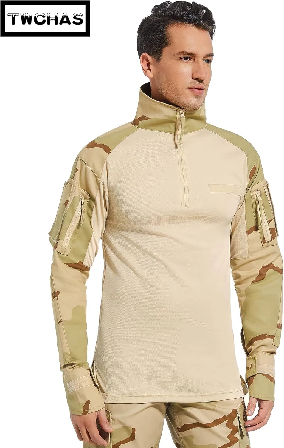 Mens Tactical Military Shirt 1/4 Zip Long Sleeve Slim Fit Military Combat Shirt with Pockets