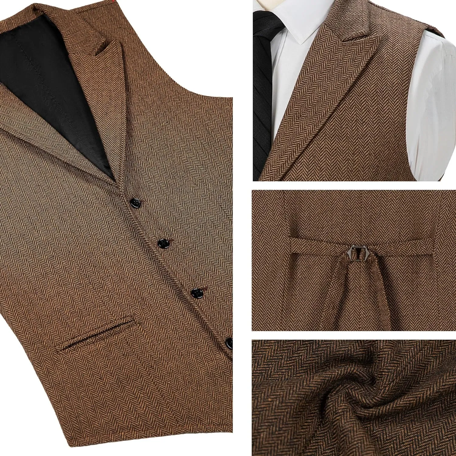 Men's Tweed Suit Notch Lapel Vintage Business Vest Herringbone Wool Prom Waistcoat Groomsmen XS-4XL
