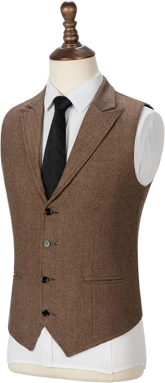 Men's Tweed Suit Notch Lapel Vintage Business Vest Herringbone Wool Prom Waistcoat Groomsmen XS-4XL