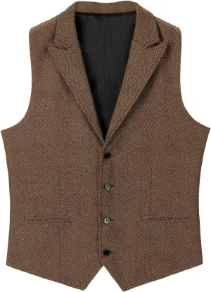 Men's Tweed Suit Notch Lapel Vintage Business Vest Herringbone Wool Prom Waistcoat Groomsmen XS-4XL