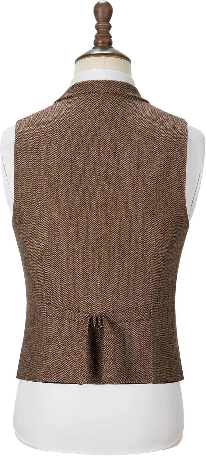 Men's Tweed Suit Notch Lapel Vintage Business Vest Herringbone Wool Prom Waistcoat Groomsmen XS-4XL