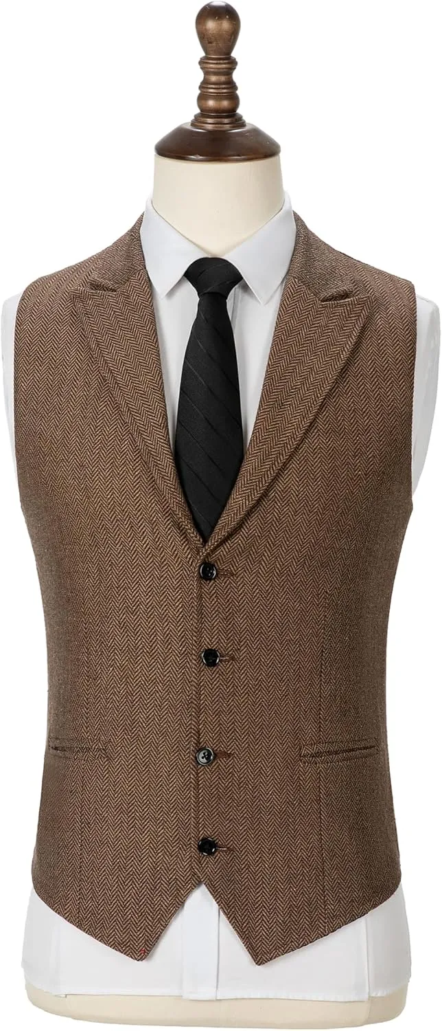 Men's Tweed Suit Notch Lapel Vintage Business Vest Herringbone Wool Prom Waistcoat Groomsmen XS-4XL