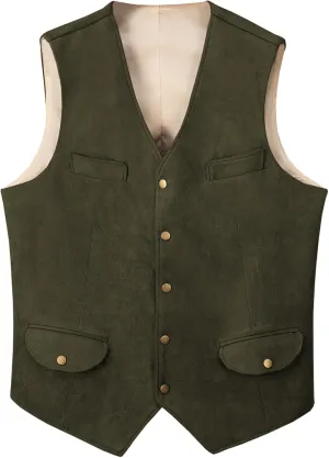 Men's Western Suede Cowboy Vest Dress Vests Slim Fit Faux Suede Leather Suit Waistcoat for Wedding