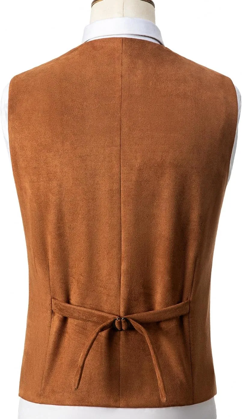 Men's Western Suede Cowboy Vest Dress Vests Slim Fit Faux Suede Leather Suit Waistcoat for Wedding