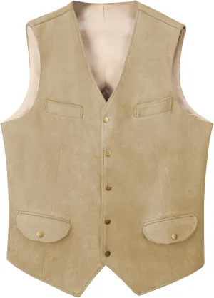 Men's Western Suede Cowboy Vest Dress Vests Slim Fit Faux Suede Leather Suit Waistcoat for Wedding