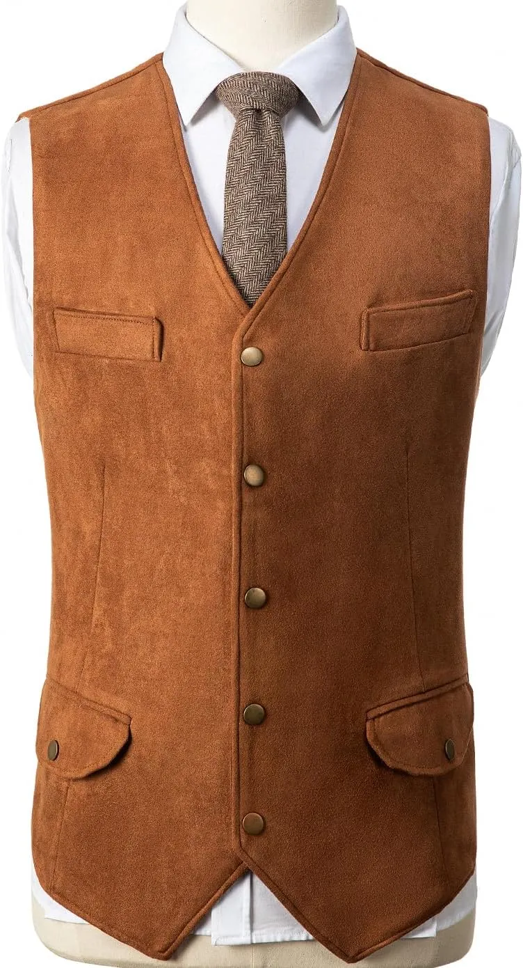 Men's Western Suede Cowboy Vest Dress Vests Slim Fit Faux Suede Leather Suit Waistcoat for Wedding