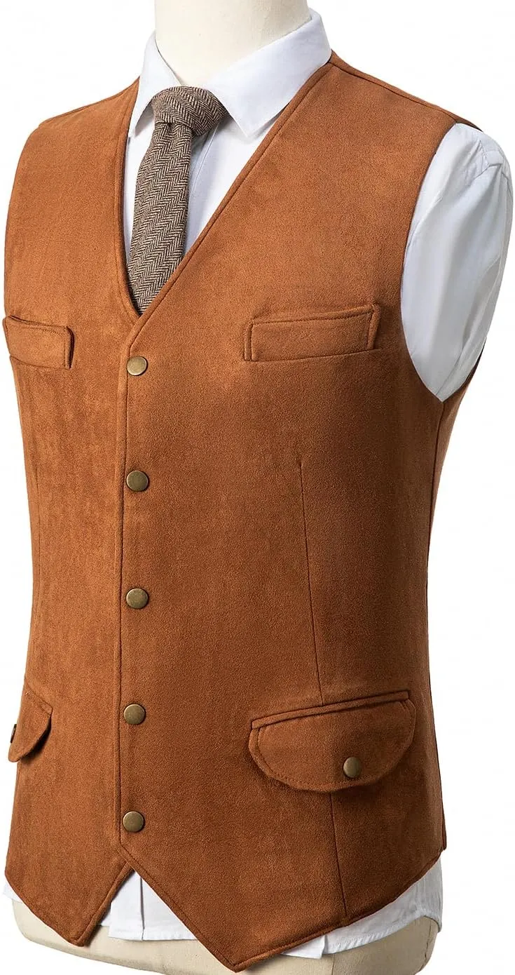 Men's Western Suede Cowboy Vest Dress Vests Slim Fit Faux Suede Leather Suit Waistcoat for Wedding