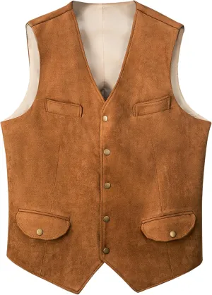 Men's Western Suede Cowboy Vest Dress Vests Slim Fit Faux Suede Leather Suit Waistcoat for Wedding