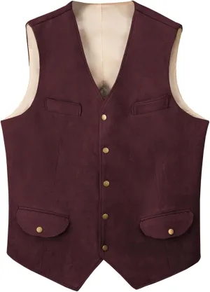 Men's Western Suede Cowboy Vest Dress Vests Slim Fit Faux Suede Leather Suit Waistcoat for Wedding