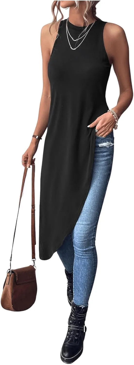 Milumia Women's Asymmetrical Hem Crew Neck Long Tank Top Sleeveless Tunic Tops Shirts