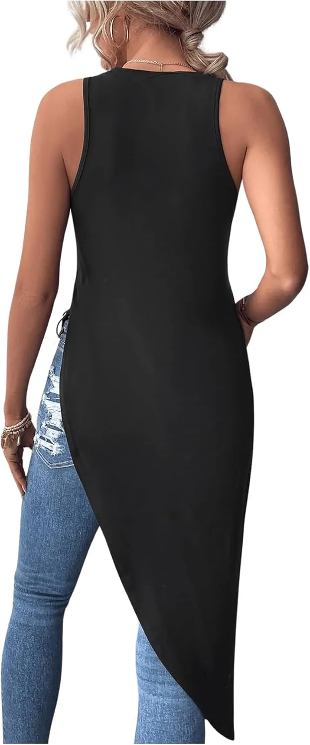 Milumia Women's Asymmetrical Hem Crew Neck Long Tank Top Sleeveless Tunic Tops Shirts