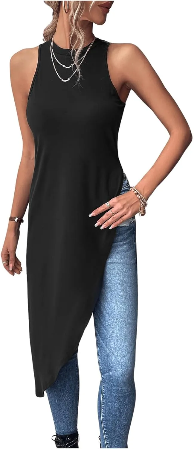 Milumia Women's Asymmetrical Hem Crew Neck Long Tank Top Sleeveless Tunic Tops Shirts