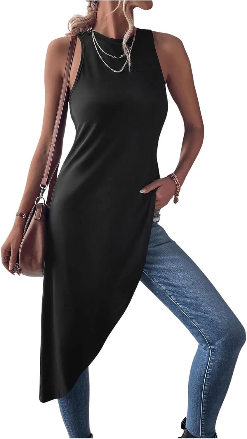 Milumia Women's Asymmetrical Hem Crew Neck Long Tank Top Sleeveless Tunic Tops Shirts