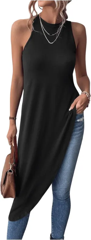 Milumia Women's Asymmetrical Hem Crew Neck Long Tank Top Sleeveless Tunic Tops Shirts