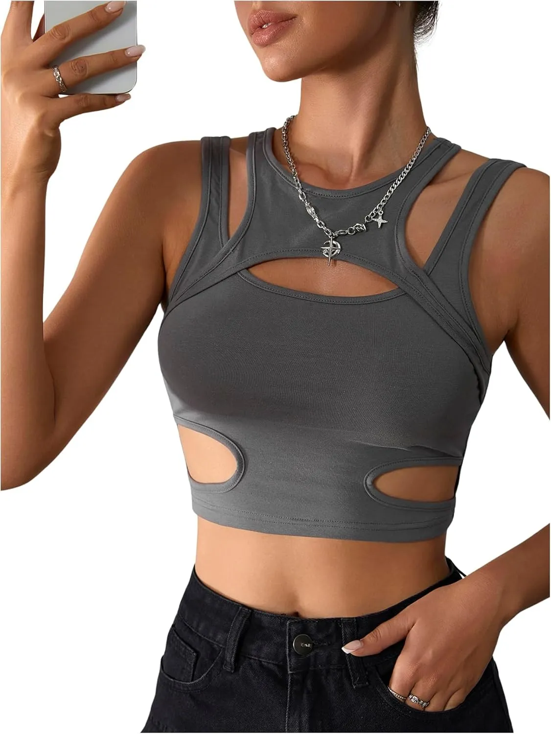 Milumia Women's Cut Out Front Tank Top Sleeveless Sexy Fitted Crop Tops