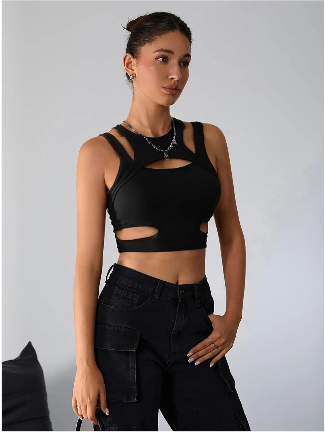 Milumia Women's Cut Out Front Tank Top Sleeveless Sexy Fitted Crop Tops